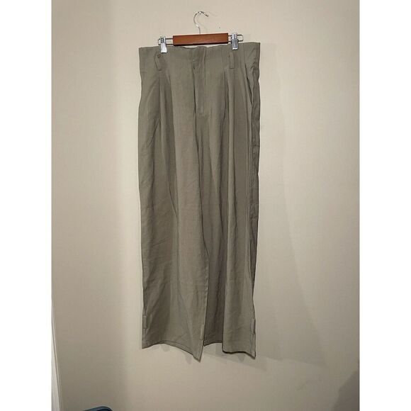 AARON & AMBER Pleated Flowy Wide Leg Pants Large High Rise Paperbag Green Tan - Picture 2 of 8